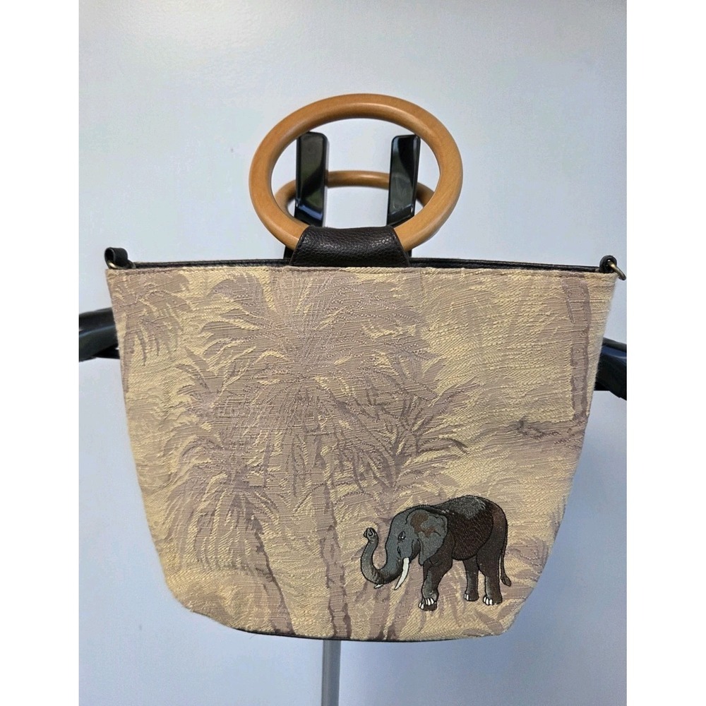 BUENO Vintage Tapestry Handbag Elephant Purse Bamboo Handles Jungle With Wallet